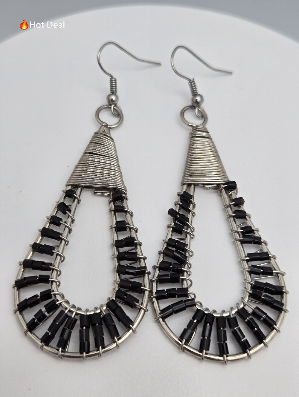 ✨2/$10✨ Bugle Bead Teardrop Dangle Earrings 2.5" Handmade Black Silver